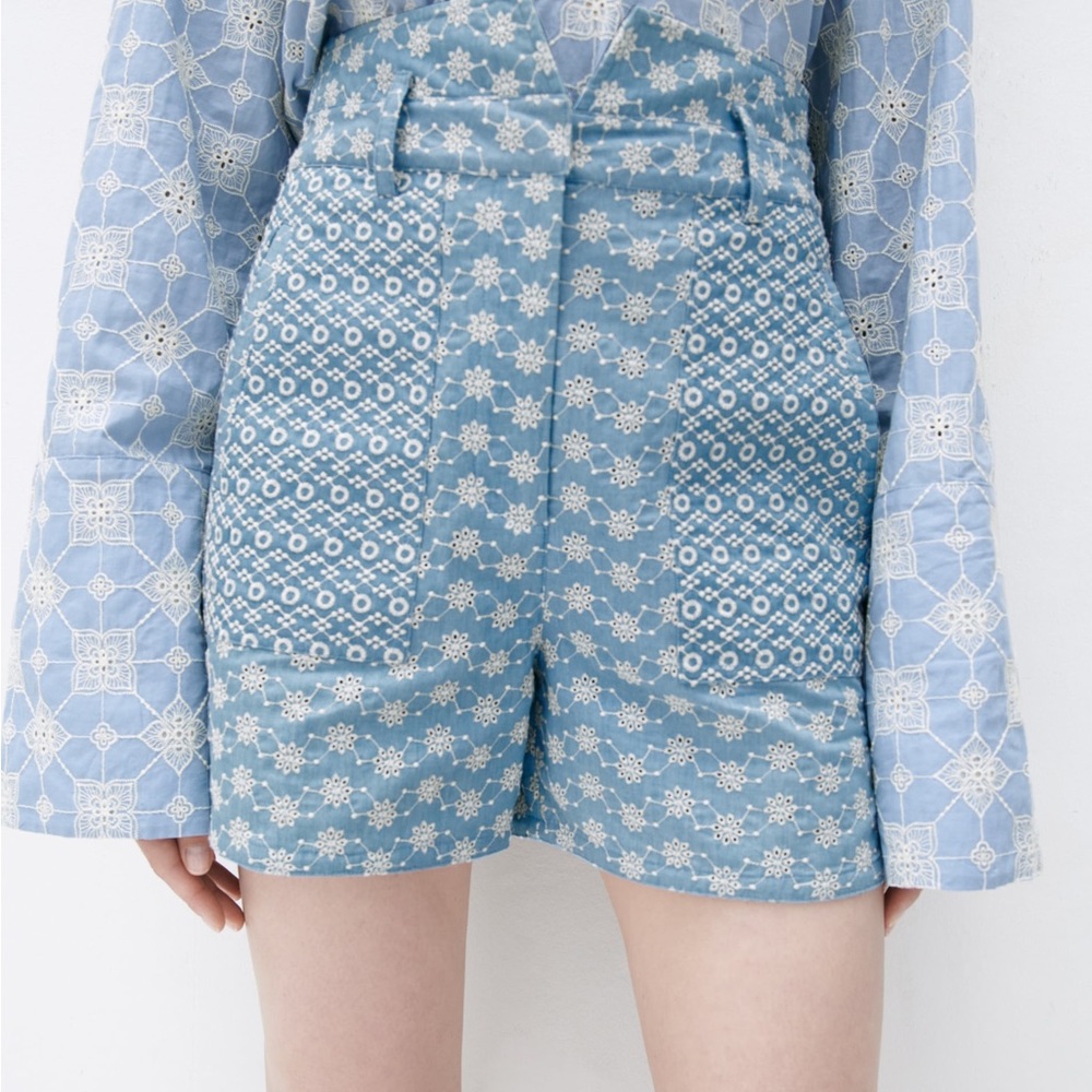 Zara embroidered sky blue shorts high waisted